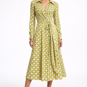 Diane Von Furstenberg Yellow Geometric Long Sleeve Dress (100% Viscose)